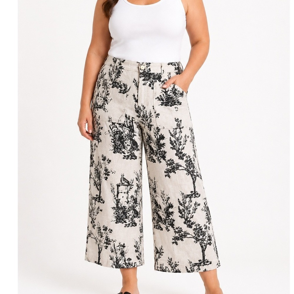 Joie‎ Women 100% Linen Toile Print Wide Leg Pants Cream Black Size 12